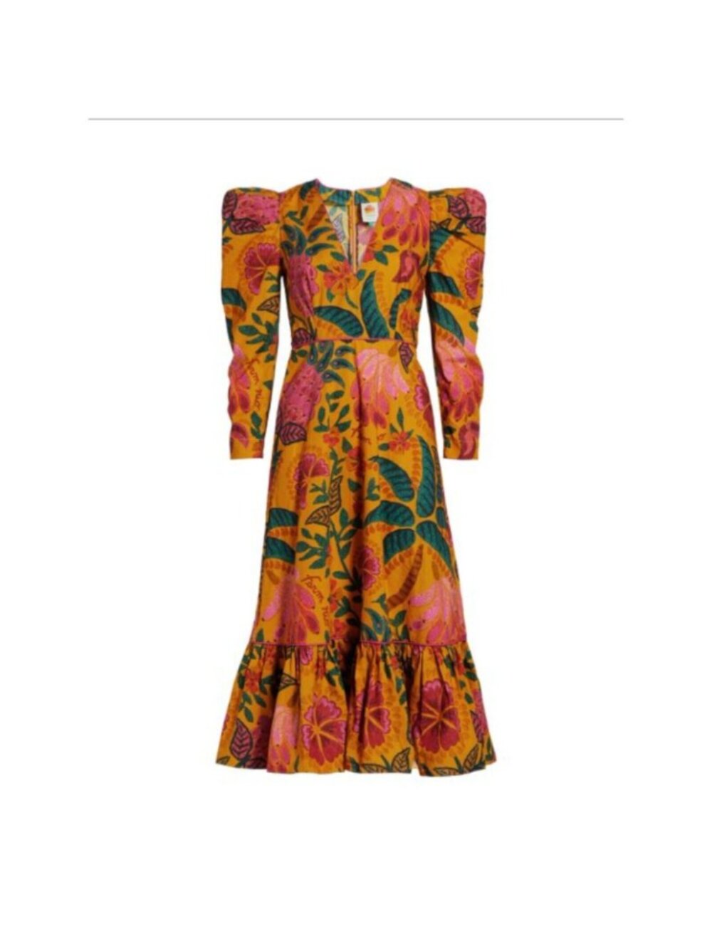 Farm Rio Midi Dress  Puff Long Sleeve Print Cotton Yellow  Small New With Tag - Picture 6 of 7